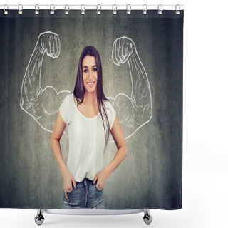 Personality  Strong Happy Young Woman Flexing Her Muscles On Gray Background  Shower Curtains
