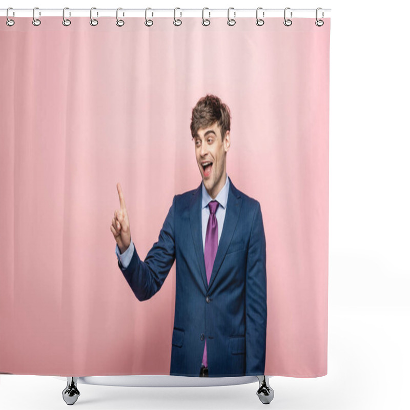 Personality  Cheerful Businessman Looking Away And Showing Idea Gesture On Pink Background Shower Curtains