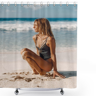 Personality  Attractive Young Woman In Body Swimwear Relax At Tropical Beach  Shower Curtains