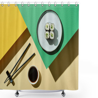 Personality  Top View Of Fresh Nigiri With Cucumber Near Soy Sauce And Chopsticks On Green And Yellow Surface Shower Curtains