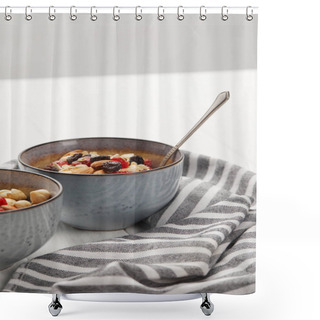 Personality  Bowls With Muesli, Dried Berries And Nuts Served For Breakfast Near Striped Cloth Isolated On Grey Shower Curtains