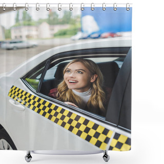 Personality  Smiling Young Woman Looking Up Through Taxi Window   Shower Curtains