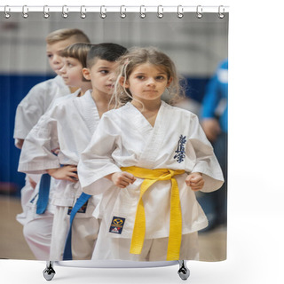 Personality  Cute Little Girl In Kimono On Martial Arts Sport Demonstration Shower Curtains