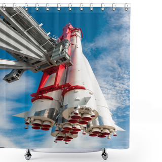 Personality  Space Rocket On The Launch Pad On A Background Of Blue Sky Shower Curtains