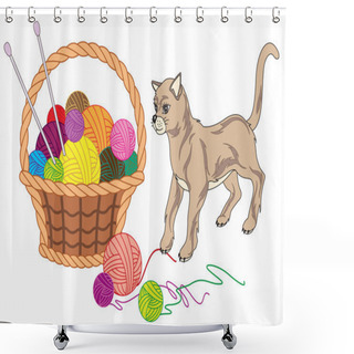 Personality  Basket With Balls Of Yarn And Cat Shower Curtains