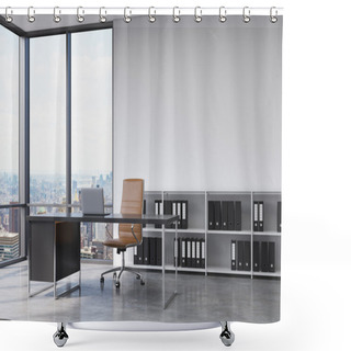 Personality  A CEO Workplace In A Modern Corner Panoramic Office With New York City View. A Black Desk With A Laptop, Brown Leather Chair And A Bookshelf With Black Document Folders. 3D Rendering. Shower Curtains