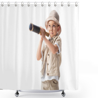 Personality  Curious Smiling Explorer Boy In Glasses And Hat Holding Spyglass Isolated On White Shower Curtains