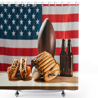 Personality  Beer Bottles With Hot Dogs And Sport Equipment With American Flag Behind   Shower Curtains