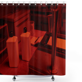 Personality  Essential Darkroom Chemical Bottles Poised For Use In The Analog Film Development Process Shower Curtains