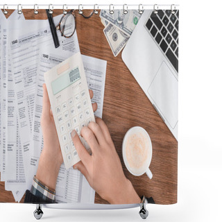 Personality  Cropped View Of Man Using Calculator With Tax Forms And Laptop On Background Shower Curtains