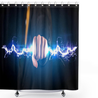 Personality  Business Man Holding Electricity Light Bolt In His Hands Shower Curtains