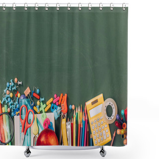 Personality  Top View Of Apple, Calculator And School Supplies On Green Chalkboard Shower Curtains