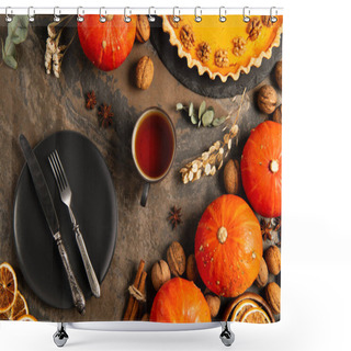 Personality  Thanksgiving Backdrop With Autumnal Objects, Cutlery On Black Plate Near Gourds And Pumpkin Pie Shower Curtains