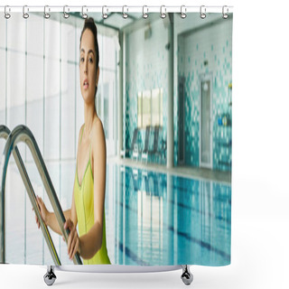 Personality  A Young, Beautiful Brunette Woman In A Yellow Swimsuit Standing Gracefully Next To An Indoor Spa Swimming Pool. Shower Curtains
