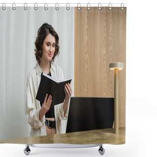 Personality  Positive Receptionist In Trendy Casual Clothes, With Wavy Brunette Hair Standing With Notebook Near Computer Monitor And Lamp On Front Desk In Lobby Of Contemporary Hotel  Shower Curtains