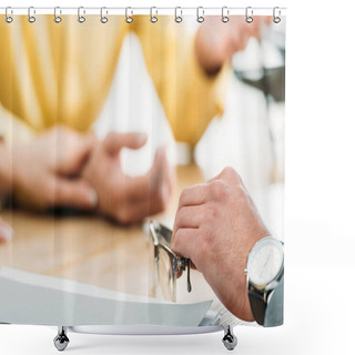 Personality  Cropped View Of Man Sitting At Table And Holding Glasses Near Coupe In Office Shower Curtains