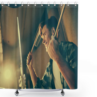 Personality  Drum Sticks In Hands On Cheerful Young Drummer Shower Curtains