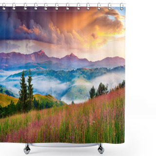 Personality  Foggy Summer Sunrise In The Carpathian Mountains. Colorful Morning Scene In The Mountain Valley. Beauty Of Nature Concept Background. Artistic Style Post Processed Photo. Shower Curtains