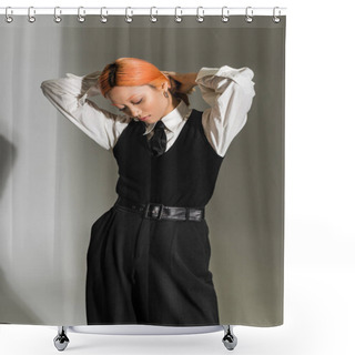 Personality  Fashionable Asian Woman With Dyed Red Hair, In Black And White Business Casual Clothes Posing With Hands Behind Head On Grey Shaded Background, Youthful Style, Generation Z, Youth Culture Shower Curtains
