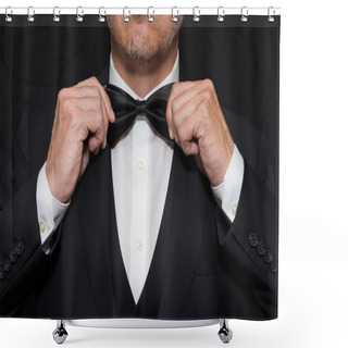 Personality  Gentleman In Black Tie Straightens His Bowtie Shower Curtains