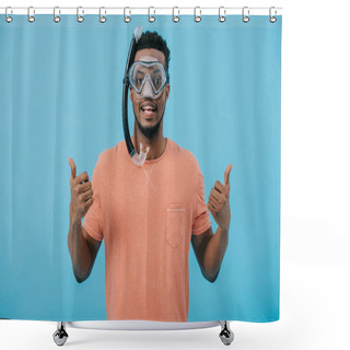 Personality  Happy African American Man In Diving Mask Showing Thumbs Up Isolated On Blue  Shower Curtains