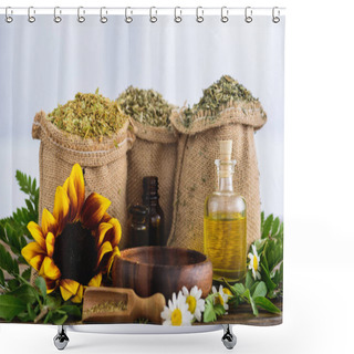 Personality  Sackcloth Bags With Dried Herbs, Bottles With Essential Oils, Sunflower And Chamomile Flowers, Wooden Bowl And Spatula On Wooden Surface Shower Curtains