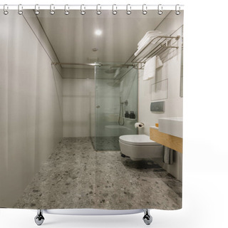 Personality  Interior Of Modern Bathroom With White Sink And Toilet   Shower Curtains