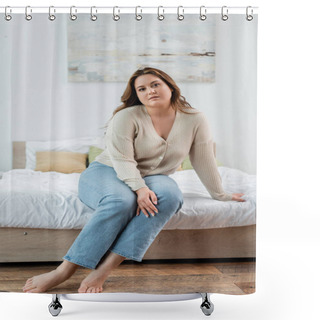 Personality  Pretty Body Positive Woman In Casual Clothes Looking At Camera On Bed  Shower Curtains