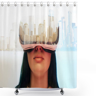 Personality  Double Exposure Of Brunette Girl Wearing Virtual Reality Headset And Modern City With Skyscrapers  Shower Curtains