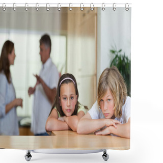 Personality  Sad Looking Siblings With Fighting Parents Behind Them Shower Curtains