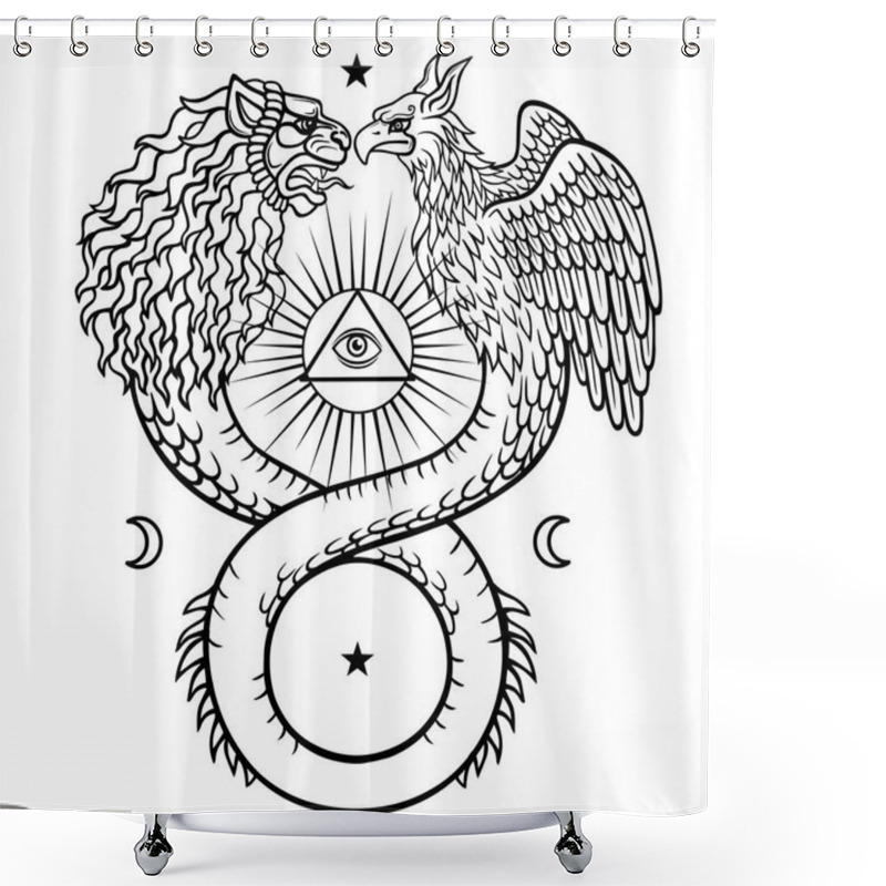 Personality  Image Of Fantastic Animal Ouroboros With A Body Of A Snake And Two Heads Of A Lion And A Bird. Sacred Pyramid, All-seeing Eye.  Vector Illustration Isolated On A White Background. Shower Curtains