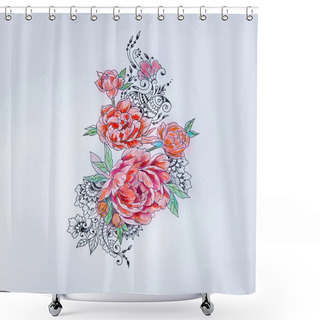 Personality  Sketch Of A Beautiful Branch Of Red Peonies On A White Background. Shower Curtains