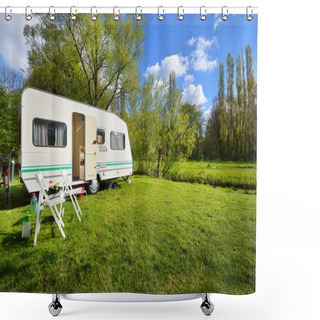 Personality  White Caravan Trailer On A Green Lawn In A Camping Site. Sunny Day. Spring Landscape. Europe. Lifestyle, Travel, Ecotourism, Road Trip, Journey, Vacations, Recreation, Transportation, RV, Motorhome Shower Curtains