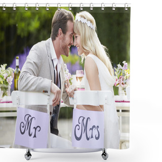 Personality  Bride And Groom Enjoying Meal At Wedding Reception Shower Curtains
