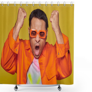 Personality  Emotional Winner Celebrating Victory, Indian Man In Orange Sunglasses Gesturing On Yellow Background Shower Curtains