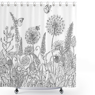 Personality  Seamless Line Pattern With Wildflowers  And Insects Shower Curtains