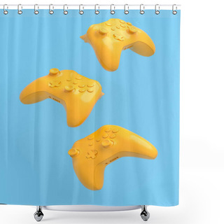 Personality  Flying Monochrome Gamer Joysticks Or Gamepads On Blue And Yellow Background. 3d Rendering Of Accessories For Live Streaming Concept Top View Shower Curtains