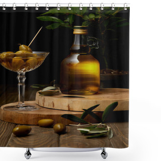 Personality  Olive Oil In Bottle With Olives In Vintage Glass On Stacked Boards Shower Curtains
