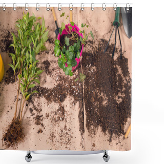 Personality  Close Up View Of Gardening Tools, Plants And Flowerpot With Soil On Tabletop Shower Curtains