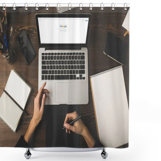 Personality  Cropped Shot Of Designer Using Graphics Tablet And Laptop With Google Website On Screen  Shower Curtains