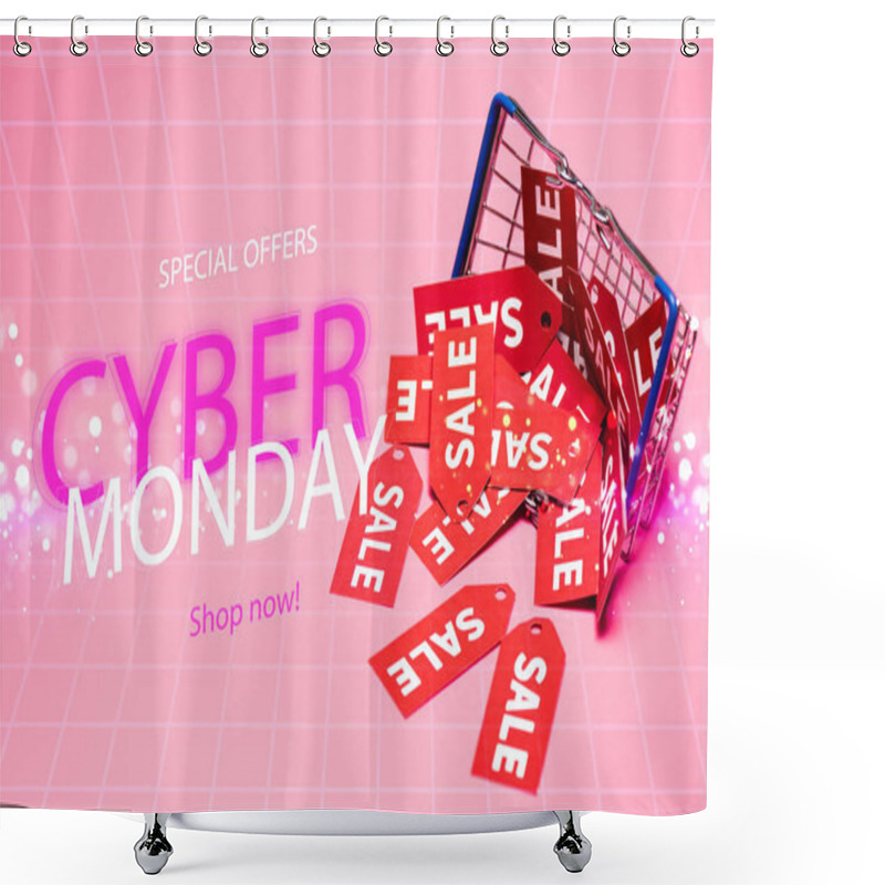 Personality  Sale Tags Near Shopping Basket And Special Offers, Cyber Monday, Shop Now Lettering On Pink, Black Friday Concept Shower Curtains