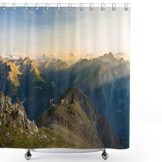 Personality  Warm Light At Sunrise On Mountain Peaks, Ridges And Valleys Shower Curtains