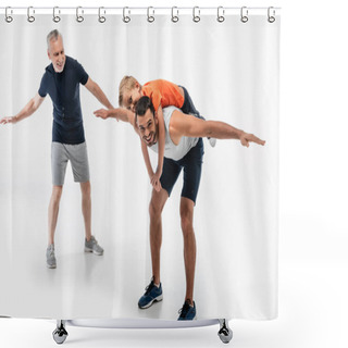Personality  Happy Father Piggybacking Son Near Grandpa Imitating Plane On White Shower Curtains