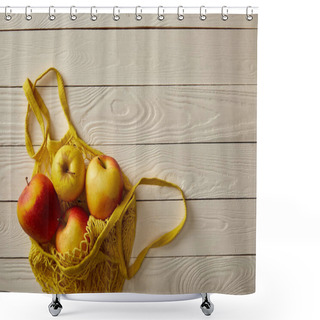 Personality  Top View Of String Bag Full Of Rape Apples On White Wooden Surface, Zero Waste Concept Shower Curtains