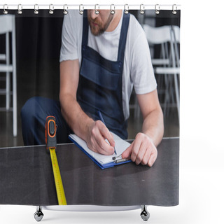 Personality  Cropped Image Of Male Handyman Making Measurements And Writing In Clipboard Shower Curtains