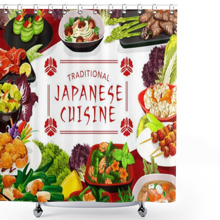 Personality  Japanese Cuisine Menu Vector Cover. Fresh Seafood, Meat And Vegetable Dishes. Shrimp Salad, Shellfish And Puffer Fish, Butaziru Pork Soup, Braised Cabbage With Fried Tofu Cheese Meals Shower Curtains