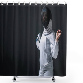 Personality  Fencer In Fencing Mask Looking At Camera While Holding Rapier Isolated On Black  Shower Curtains