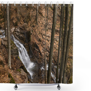 Personality  High Angle View Of Creek Near Trees In Mountain Forest  Shower Curtains