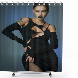 Personality  Alluring Woman Dressed As Dark Sorceress With Hand On Hip Looking At Camera On Blue Grey Backdrop Shower Curtains