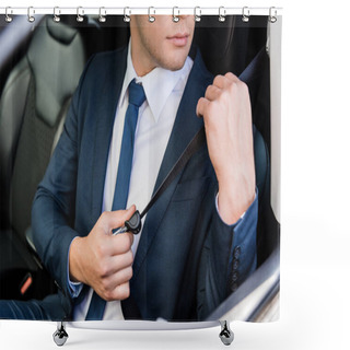 Personality  Cropped View Of Businessman Adjusting Seatbelt In Car On Blurred Background Shower Curtains